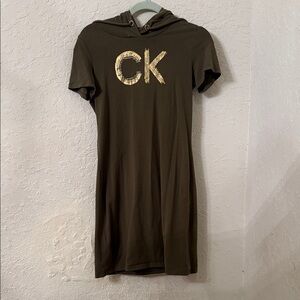 Calvin Klein Olive Green Hooded Tee Dress with Gold CK Emblem